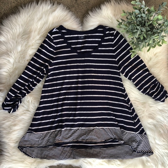 LOGO by Lori Goldstein Tops - LOGO Navy Blue Striped Ruffle Hem Boho Top